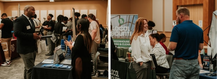 photos of students talking to recruiters at career tables at the 2024 MGA Career Fair